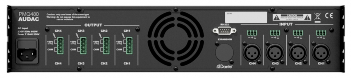 Audac PMQ480 четырехканальный трансляционный усилитель с DSP. Опционально предусмотрена установка карты интерфейса DANTE. Мощность (@100В): 4 x 480 Вт.