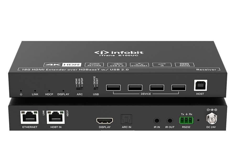 Infobit iTrans E100UC удлинитель сигнала HDMI USB по витой паре до 100 метров, поддержка 4К60, HDBT 3.0