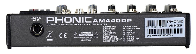 Phonic AM 440DP микшерный пульт 8-и канальный, USB плеер (MP3 и WAV), встроенный цифровой процессор эффектов