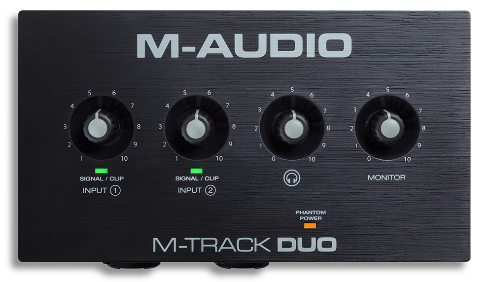 M-Audio M-Track Duo USB аудиоинтерфейс, 2х 1/4” линейный выход, 2х XLR-1/4" комбинированный микрофонный/линейный/инструментальный вход, +48в, 1х 1/4” выход на наушники,  переключатель мониторинга USB/Direct/Direct Mono, Mac/PC